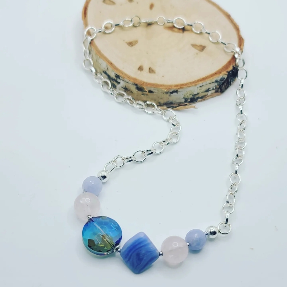 Agate, Rose Quartz Stainless steel chain necklace